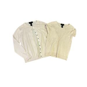 August Silk Knits Cream Cardigan Shell Set, 100% Silk Women’s M Office Workwear